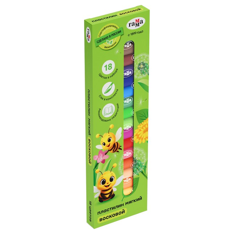 Пластилин восковой 18 цв. 216 гр. Гамма "Пчелка" со стеком