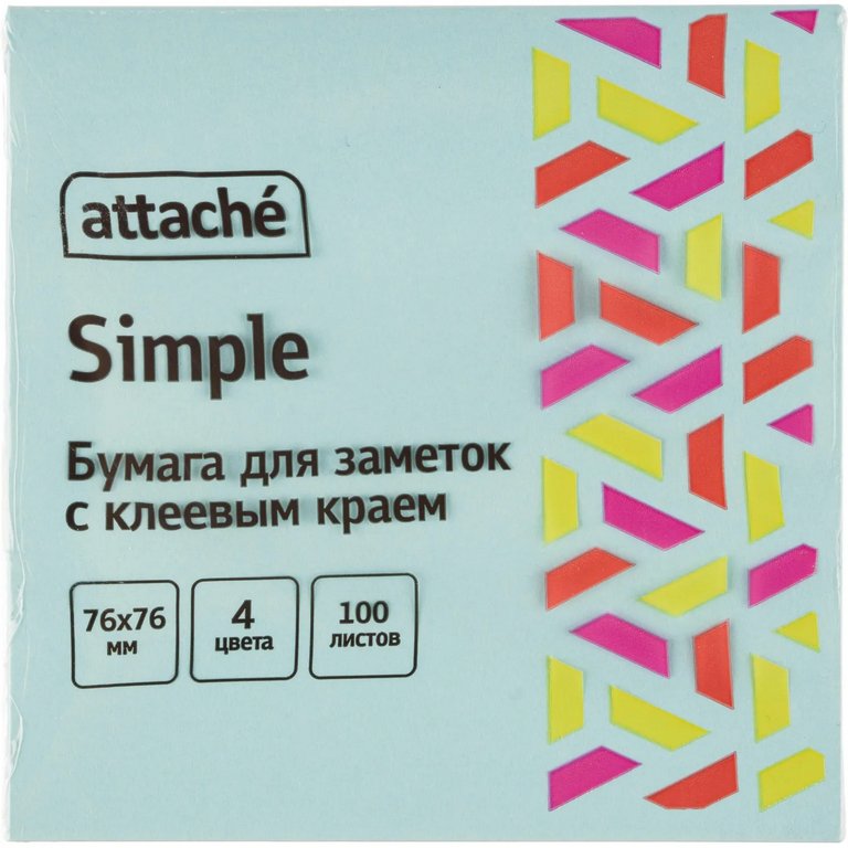 Бумага с клеевым краем  76*76 мм, 100 л, неон. 4 цв., Attache Simple