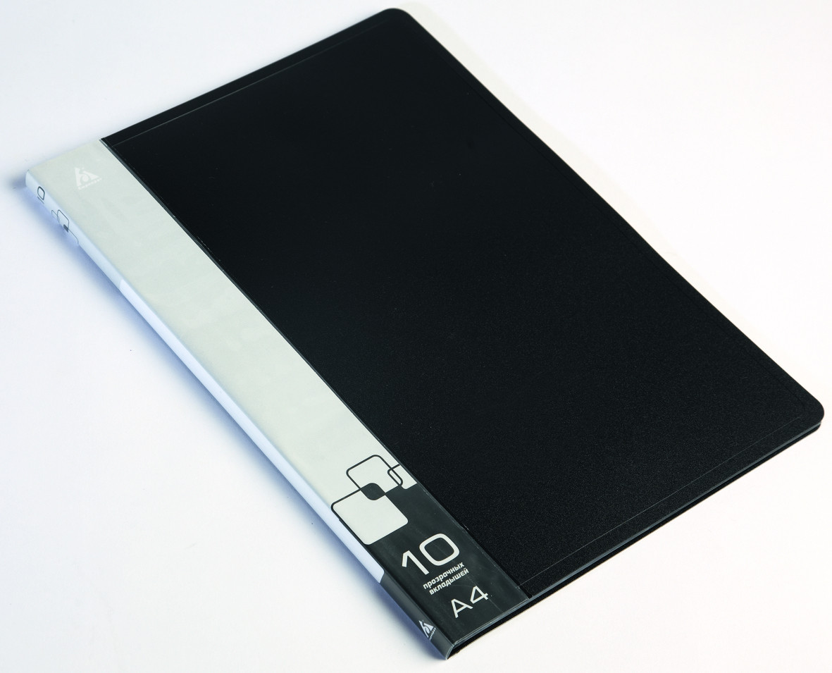 Папка А4 10 прозр.вклад. карман на торце, пластик 0,60 мм черная Бюрократ