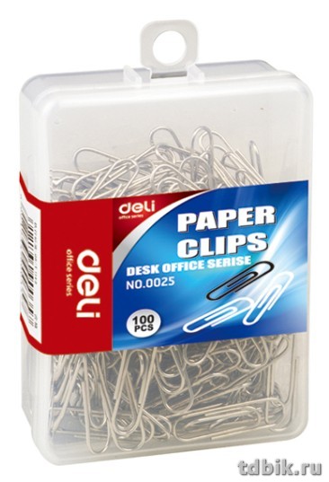 Скрепки 29 мм 100 шт/уп никелированные Deli в пластиковом боксе