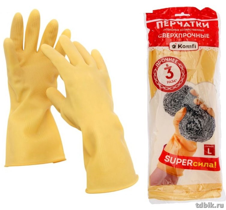 Перчатки латексные "Komfi" размер "L" сверхпрочные, бежевый, 100 гр., (инд. упак)
