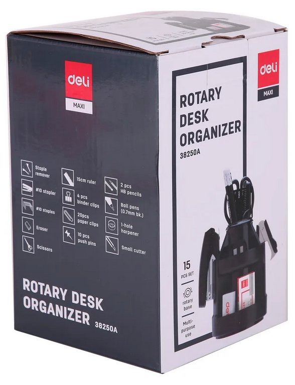 Набор настольный пластик 15 предметов Deli черный, вращающийся