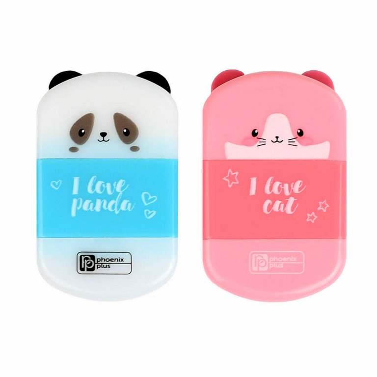 Точилка с контейнером Феникс+ "Кот и панда" с ластиком, ассорти