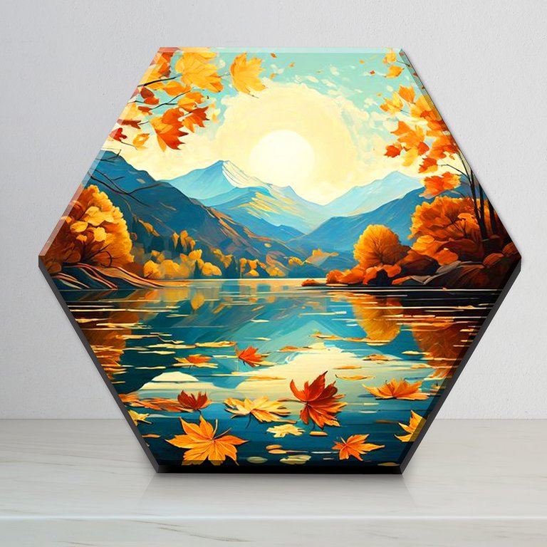 Роспись по номерам (холст) 37*32см Гексагон с поталью "Осенний пейзаж в горах" (осн+акрил.кр.+кисти)