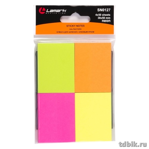 Бумага с клеевым краем  38*50 мм, 200л, 4 цвета неон Lamark