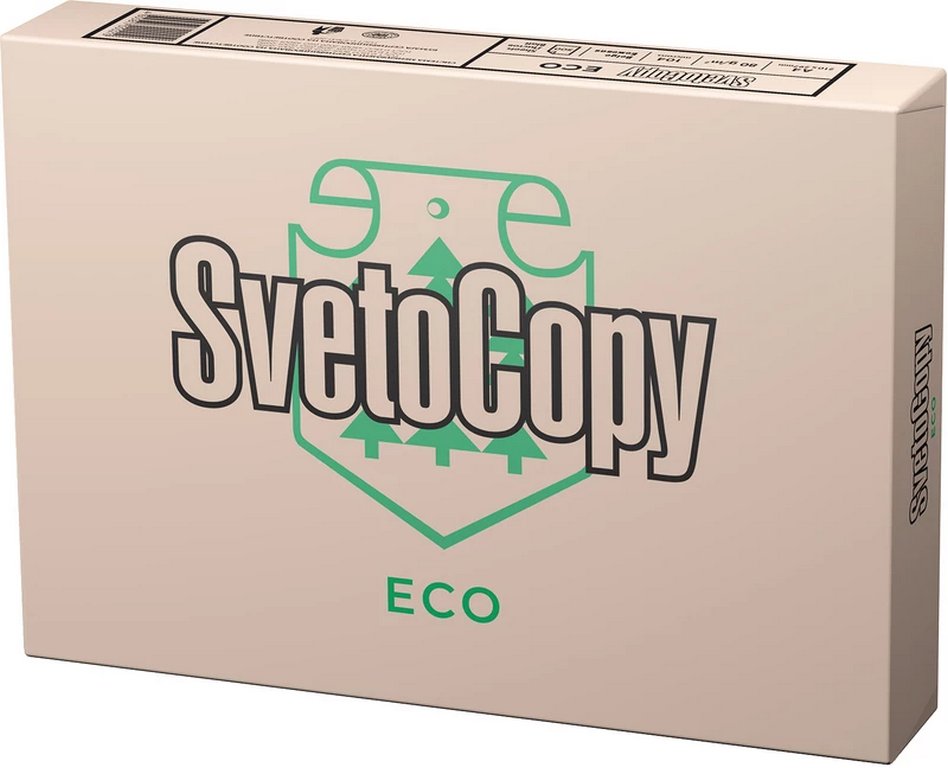 Бумага офисная SvetoСopy А4, ECO, 80 г/м2, 60% ISO, толщ.104 мкм, непрозр.93%, 500 л/пач.