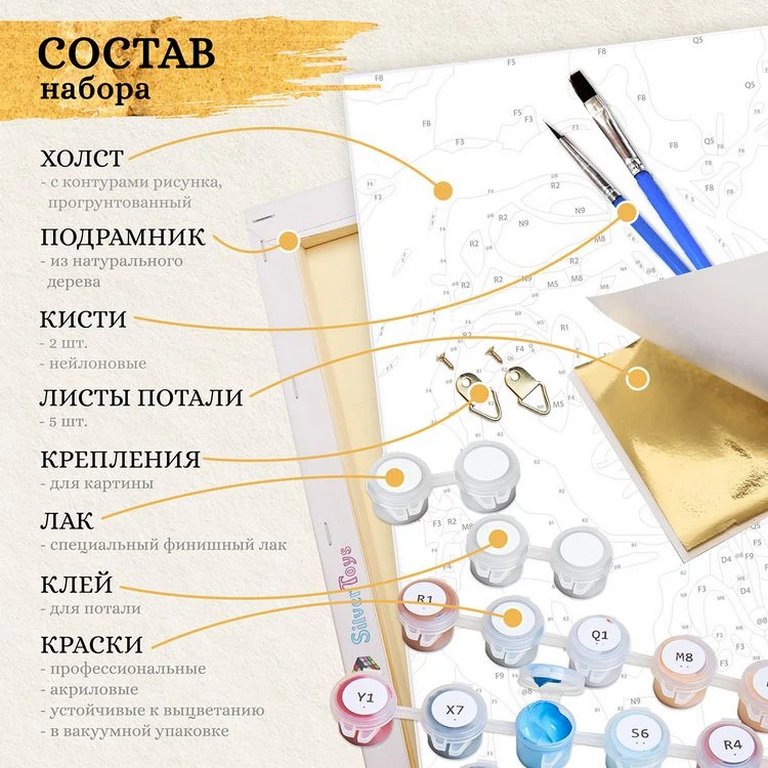 Роспись по номерам (холст) 30*30см с поталью "Обьективный взгляд" (основа+акрил. краски, кисти) 21цв