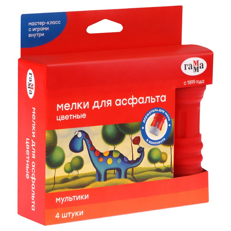 Мел для рисования на асфальте цветной  4шт с держателем Гамма "Мультики" (брусок 100*23мм)