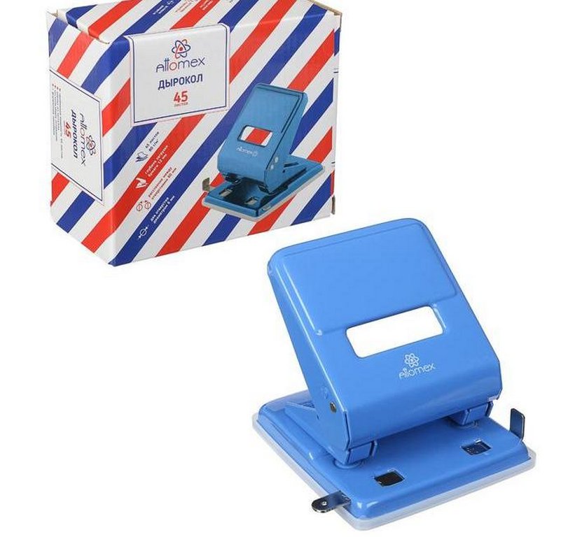 Дырокол до 45л метал. Attomex, с линейкой цв. синий
