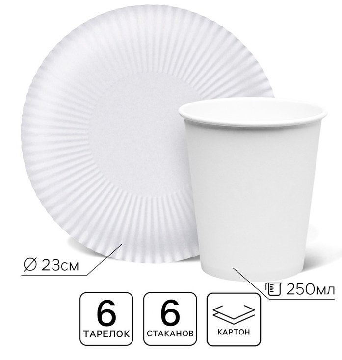 Набор одноразовой посуды картон на 6 персон "Белый"