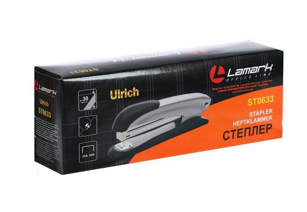 Степлер 24/6 до 20л металлический, Lamark Ulrich, черный с антистеплером