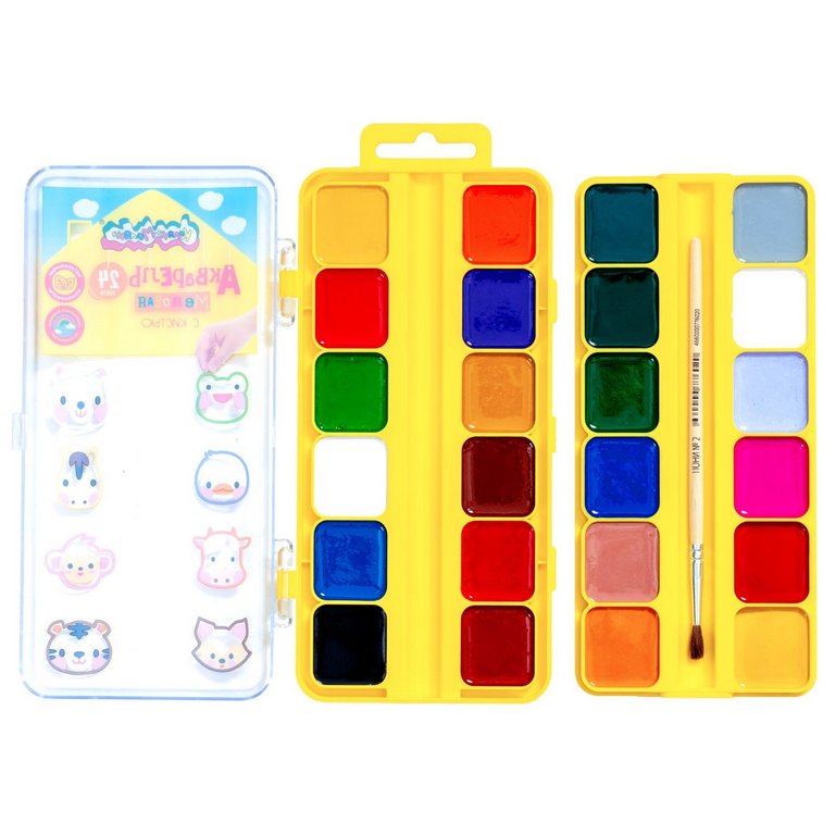 Краски акварельные 24 цв. медовые Каляка-Маляка "Зверята в домике" (кисть, пластиковая упаковка)