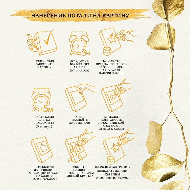 Роспись по номерам (холст) 15*20см с поталью "Тропические листья" (основа, акрил. краски, кисти)