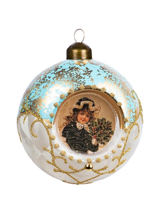 Елочный шар стеклянный  80мм (бело-бирюзовый с рисунком) в картонной коробке