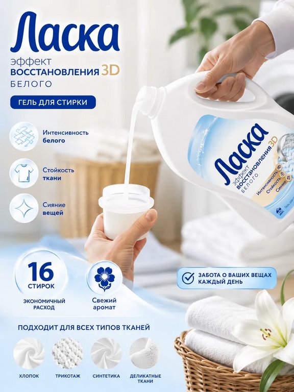 Средство моющее Ласка-Магия белого, 1л (для стир. машин и ручной стирки)