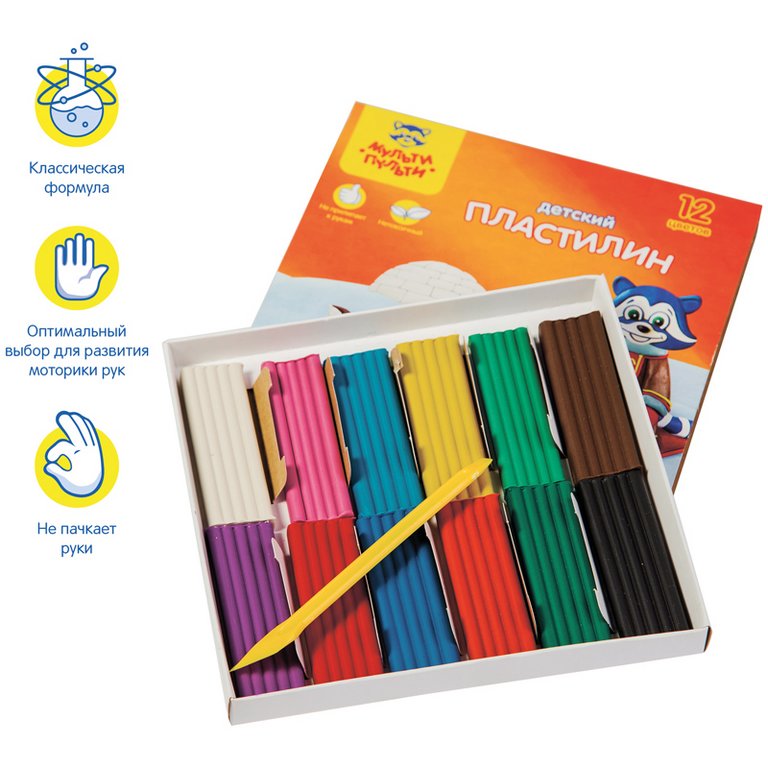 Пластилин 12 цв. 180 гр. Мульти-Пульти "Енот на Аляске" со стеком