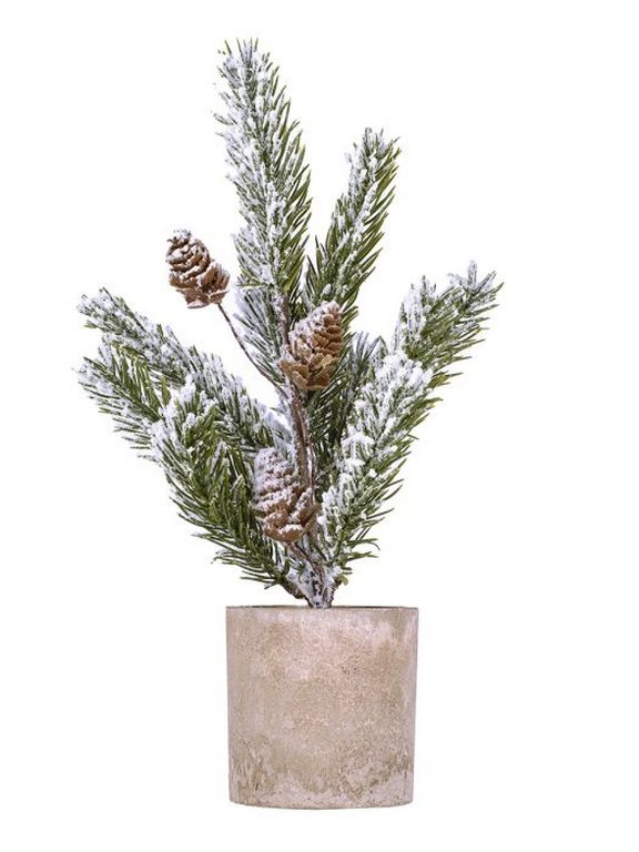 Ель декоративная   0,32 м заснеженная с сосновыми шишками, в кашпо из бетона, 32x16x12см