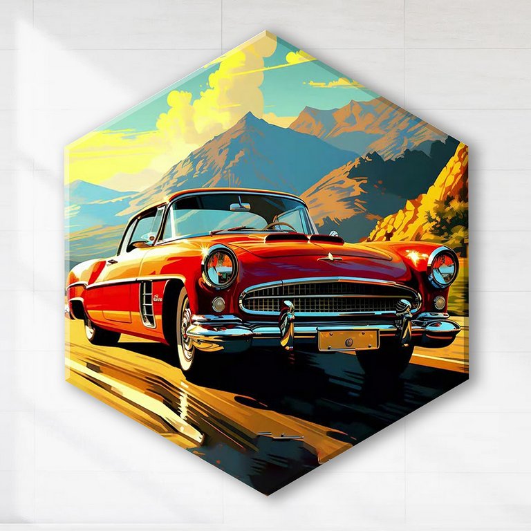 Роспись по номерам (холст) 37*32см Гексагон с поталью "Ретро автомобиль" (основа+акрил.кр.+кисти)
