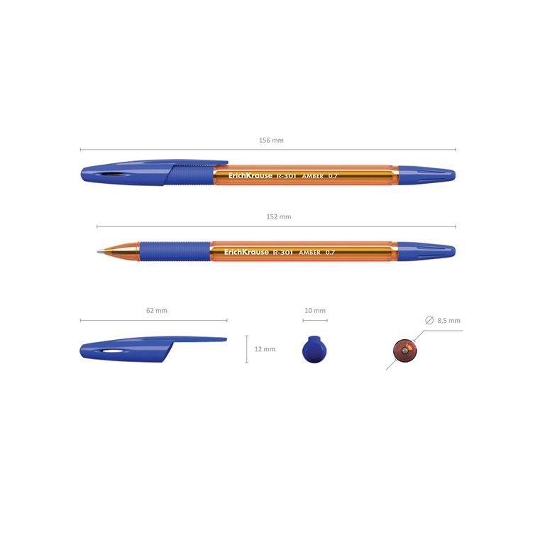 Ручка шариковая ErichKrause R-301 Amber резин. упор 0,7мм,синяя (стерж.140мм, линия 0,35мм)