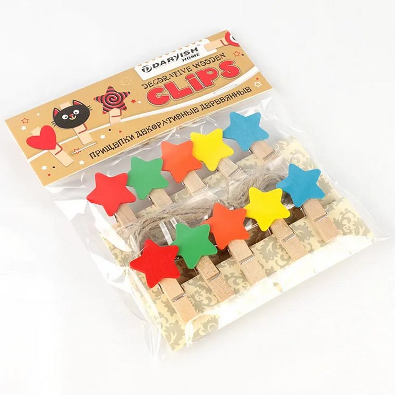 Прищепки деревянные с декором "Звёздочки" 35мм (10шт/уп)+ веревка 140 мм