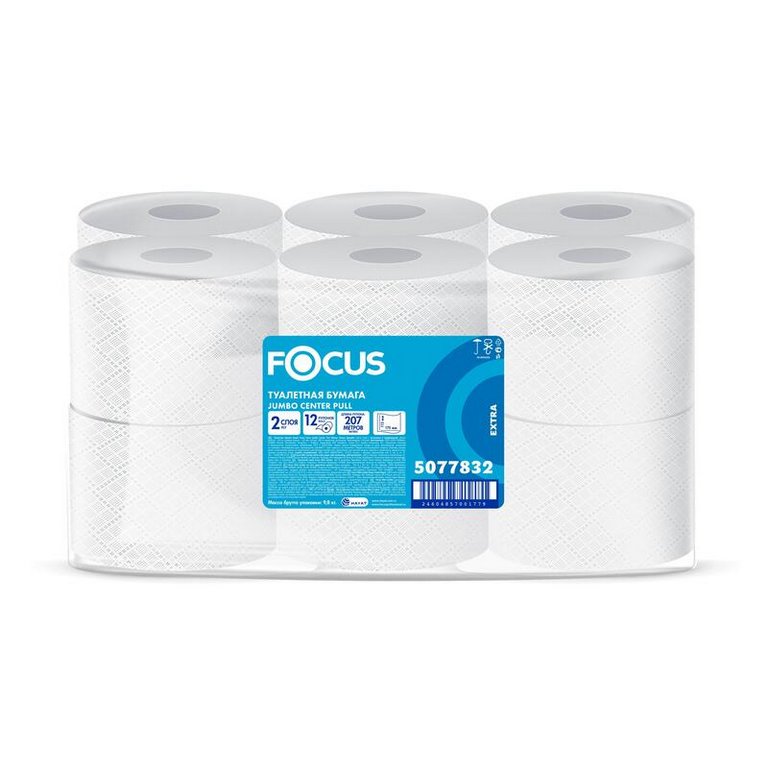 Туалетная бумага для диспенсера в рулоне Focus (T8), 2сл, 207м.1183л. в рул, бел.,центр.выт.