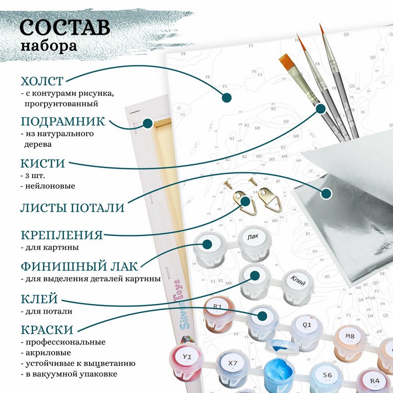 Роспись по номерам (холст) 40*50см с поталью "Белые цветы" (основа+акрил.+кисти)