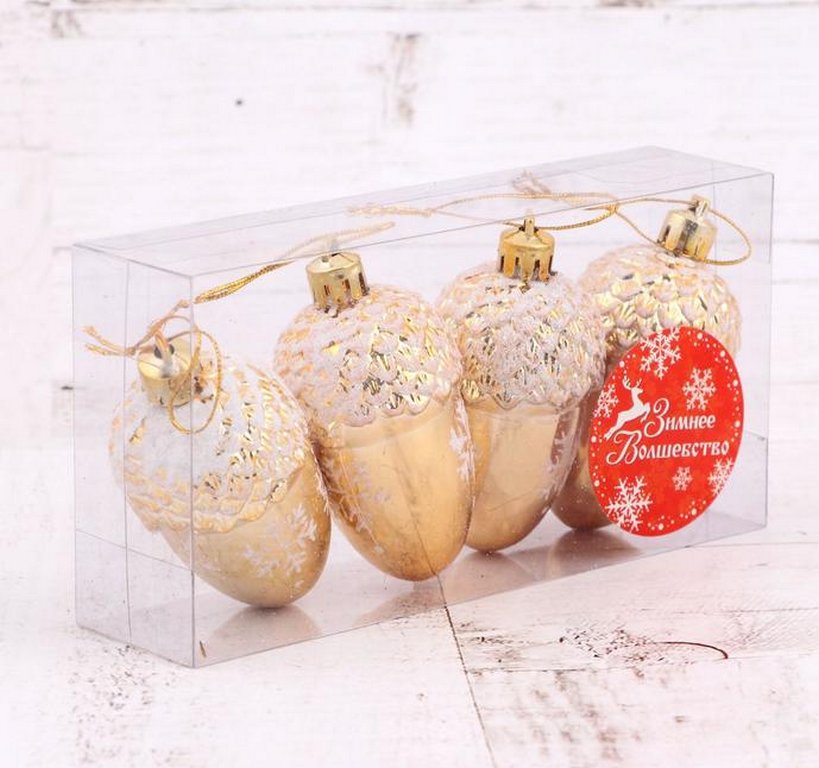 Набор украшений из пластика "Жёлудь со снежинками" 4 шт/уп, 6х4 см