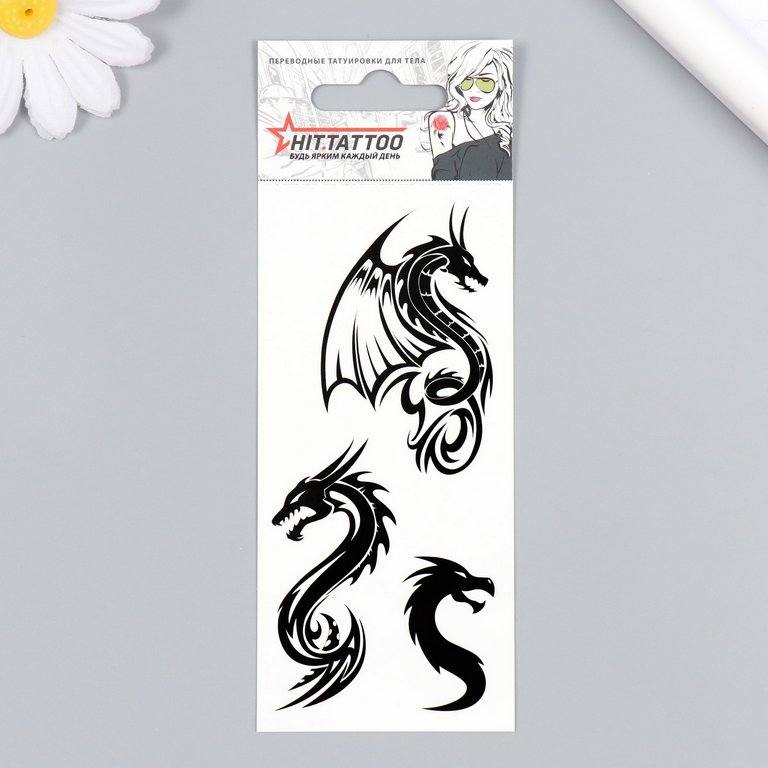 Наклейка-тату  "Драконы", 5,6х12 см, черный