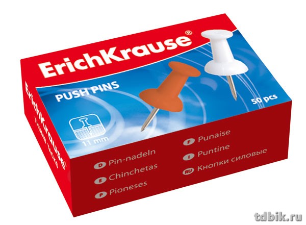 Кнопки-гвоздики канцелярские  50 шт/уп, цветные Erich Krause