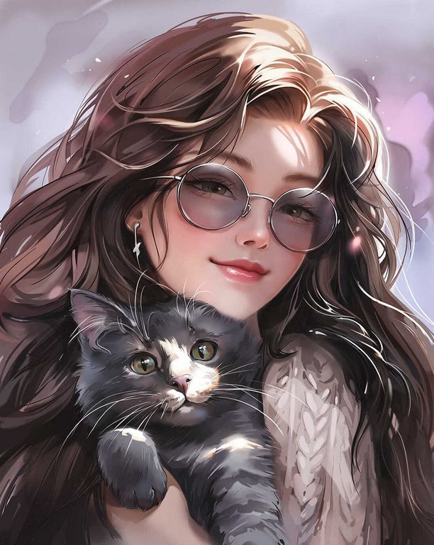 Алмазная мозаика 40*50см "Брюнетка с котом" Феникс+