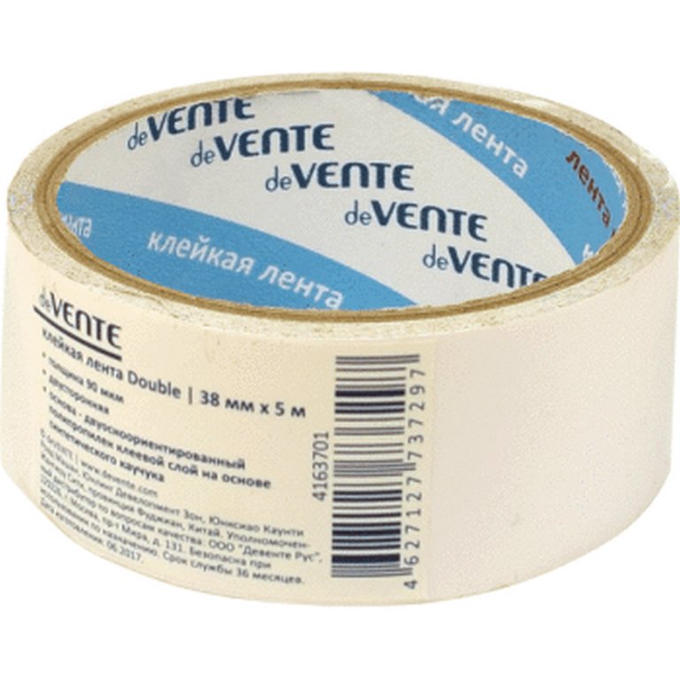 Скотч двухсторонний (полипроп. основа) 38 мм*5 м, 90 мкм deVENTE