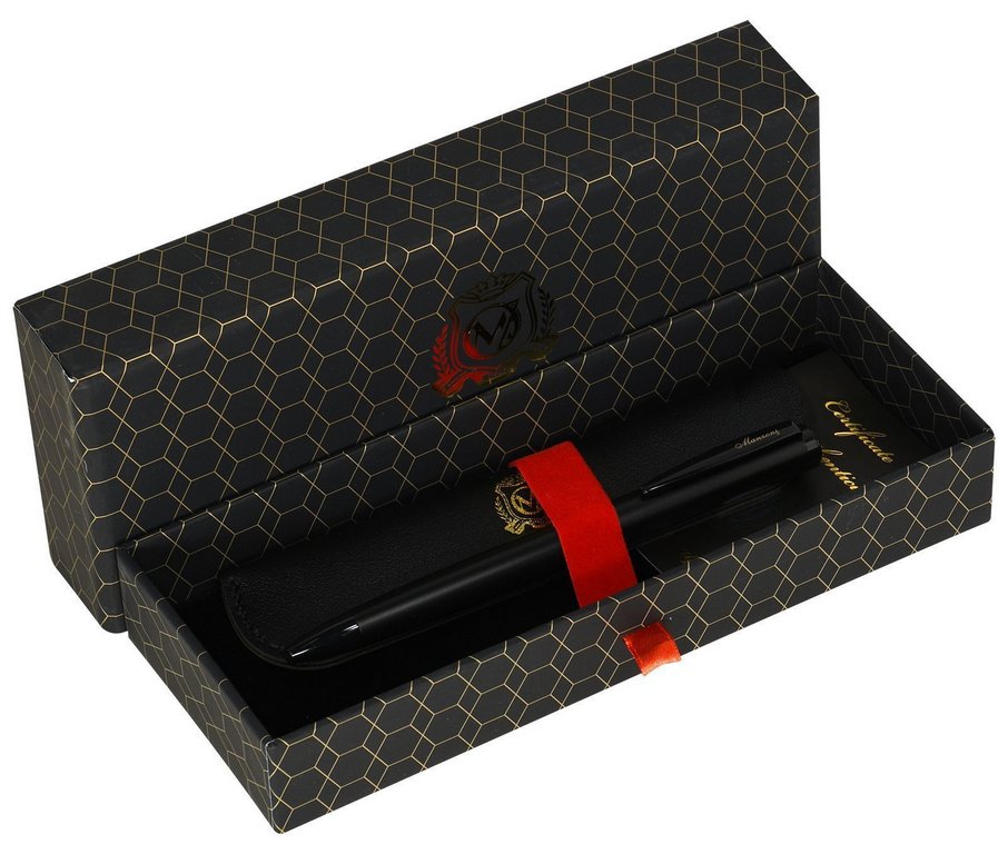 Ручка шариковая Manzoni " Rimini" корп. мет. черн. золот., кожзам футл, син 1мм (ст.98мм тип Parker)