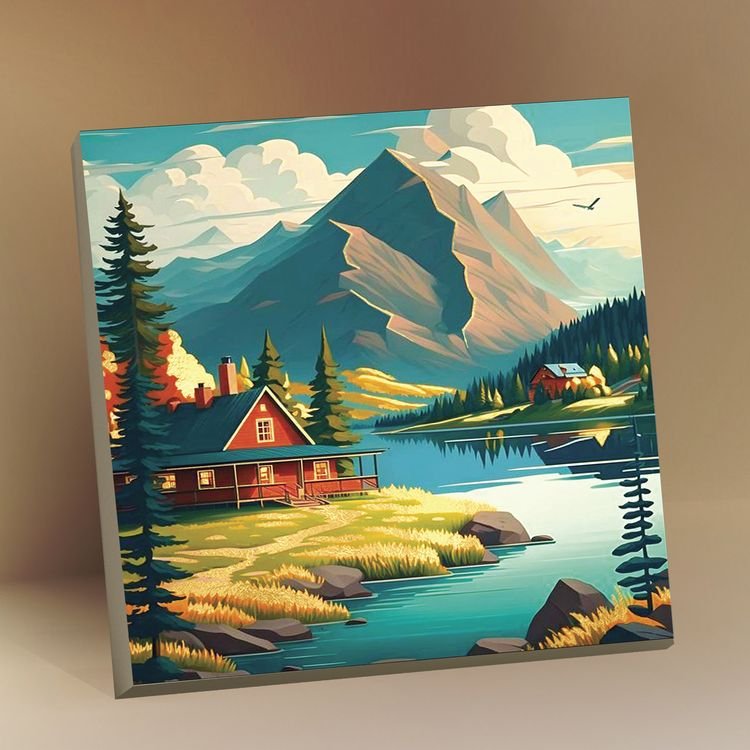 Роспись по номерам (холст) 30*30см с поталью "Горный пейзаж" (основа+акрил. краски, кисти) 24 цв.