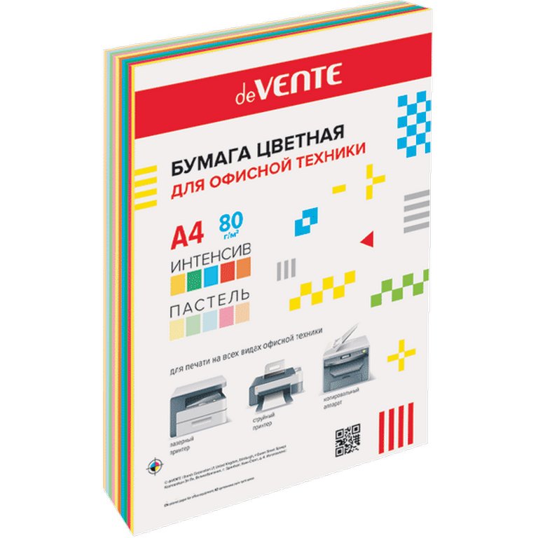 Бумага "deVente" 80г/м2 А4, 100 лист/уп, смесь 10 цветов (5 интенсивных, 5 пастельных)