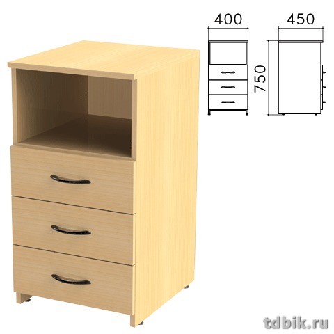 Тумба приставная с полкой 3 ящика "Канц" 400*450*750мм, цвет бук