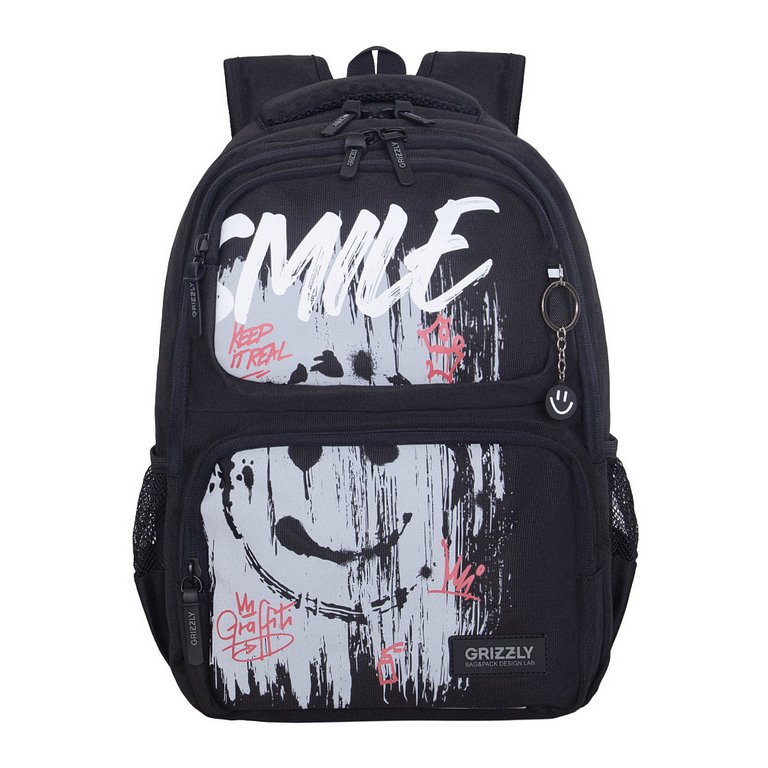 Рюкзак школьный для мальчика Grizzly 39*28*20 см, черный/серый