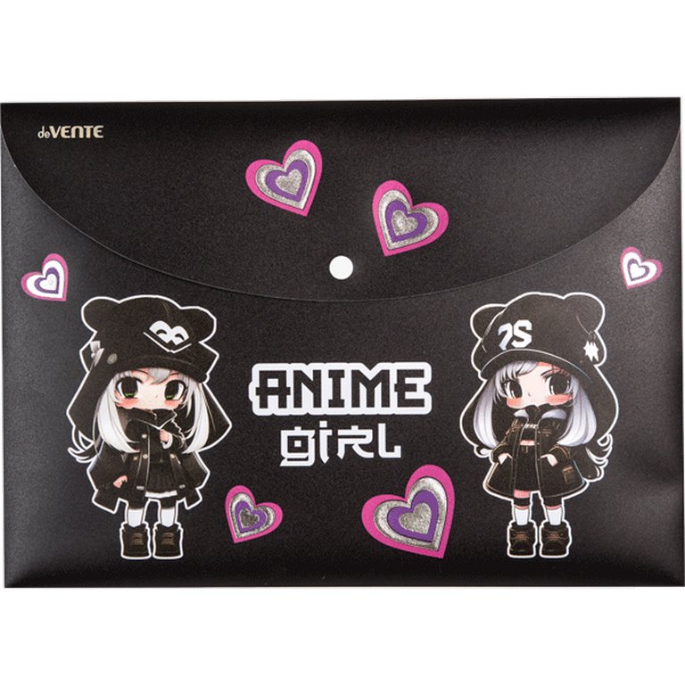 Папка-конверт на кнопке A4 пластик 0,30 мм deVENTE "Anime Gir" черная