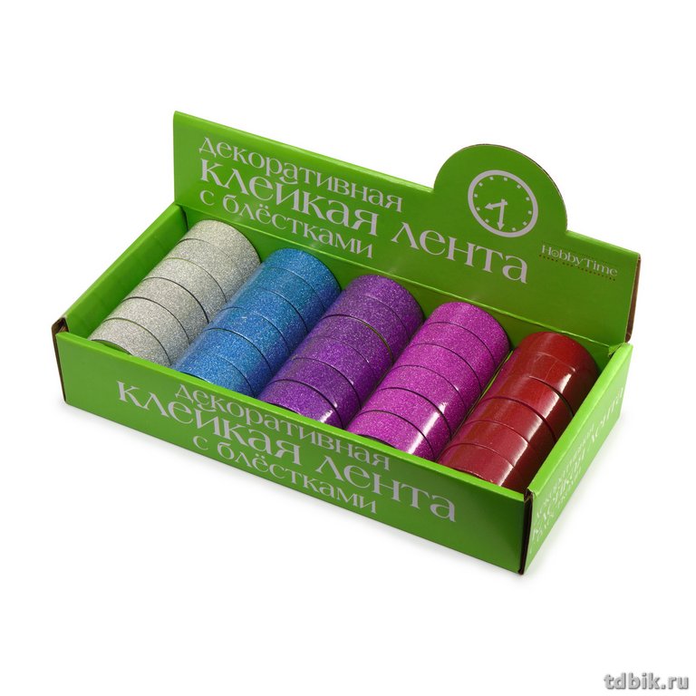 Скотч декоративный 1,5см*5м "Яркие цвета" с глиттером (6 видов) Hobby Time