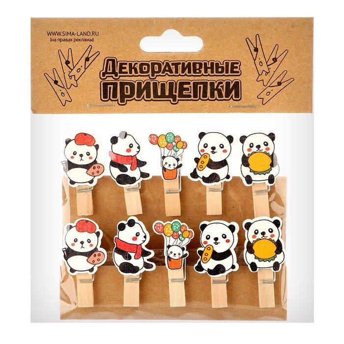 Прищепки деревянные с декором "Панды" (10шт/уп)