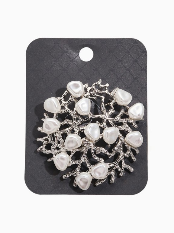Брошь металл "Жемчужная россыпь" белая в серебре