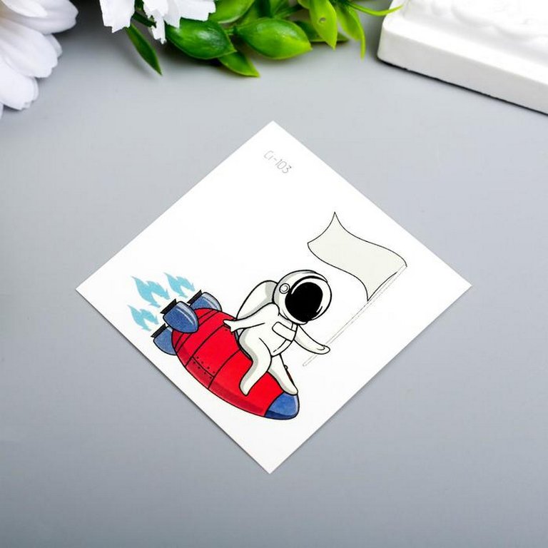 Наклейка-тату фосфорная "Космонавт на ракете" 6х6 см