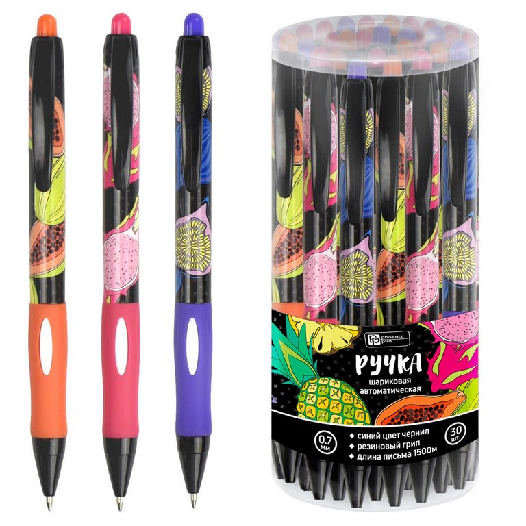 Ручка шариковая авт. с рис. Феникс + "Тропические фрукты" 0,7мм синяя, ассорти