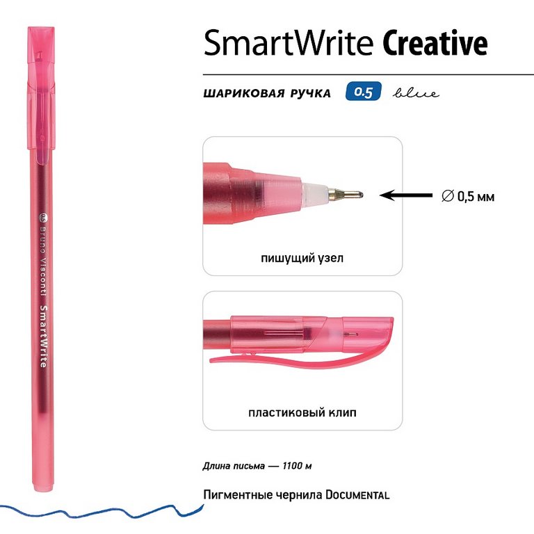 Ручка шариковая BV SmartWrite "Creative" 0,5мм синяя (линия 0,4мм) одноразовая
