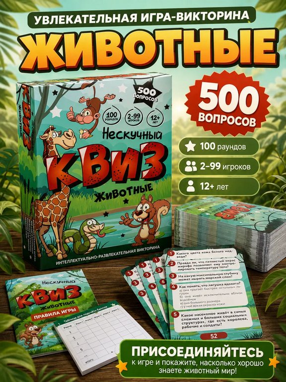 Игра настольная  12+ с карточками "Нескучный Квиз. Животные"