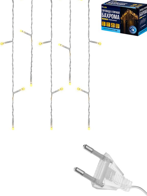 Гирлянда уличная Бахрома  4*0,7м, 72 теплых ламп, 8 реж, прозрачный провод