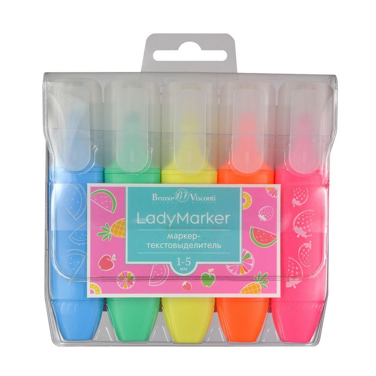 Набор текст-маркеров  5 шт Bruno Visconti "LadyMarker" (желт, розов, зелен, оранж, голуб)