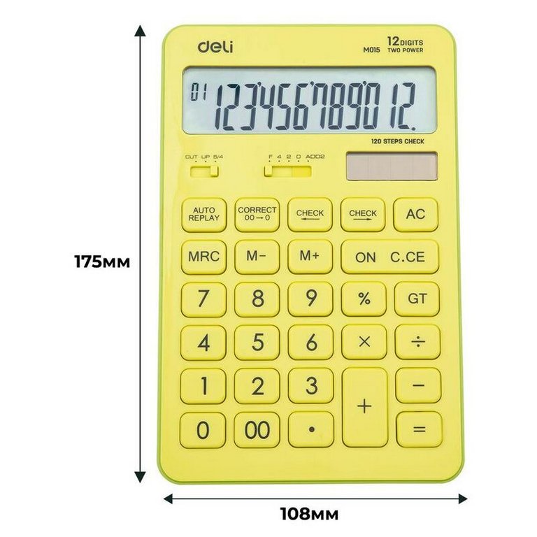 Калькулятор наст. Deli EM01551 (12 разр.) 2 питания, 175x108х15 мм, желтый