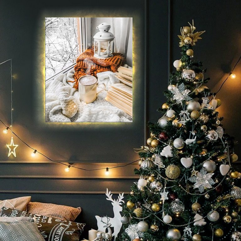 Роспись по номерам (холст) 40*50см "Зимний Уют" (подрамник+основа+акрил.+кисти) 22цв., LED подсветка