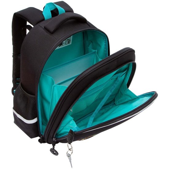 Рюкзак каркасный для мальчика Grizzly 28*36*20 см., черный/бирюзовый