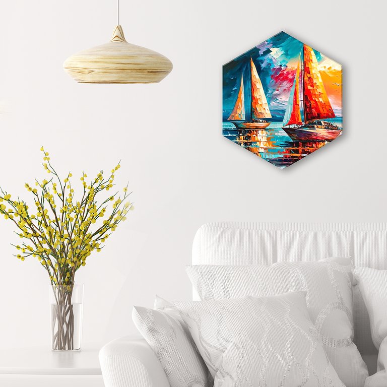 Роспись по номерам (холст) 37*32см Гексагон с поталью "Парусники на закате" (основа+акрил.кр.+кисти)